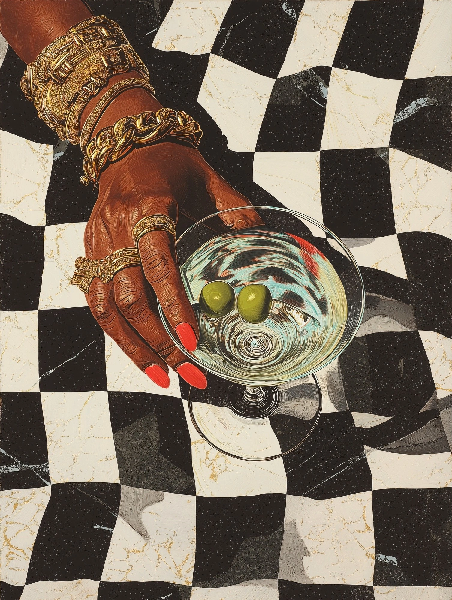 Элегантная рука с коктейлем на шахматном фоне - 1