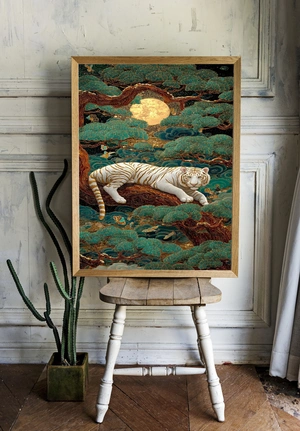 Белый тигр на фоне луны и сосен - 2