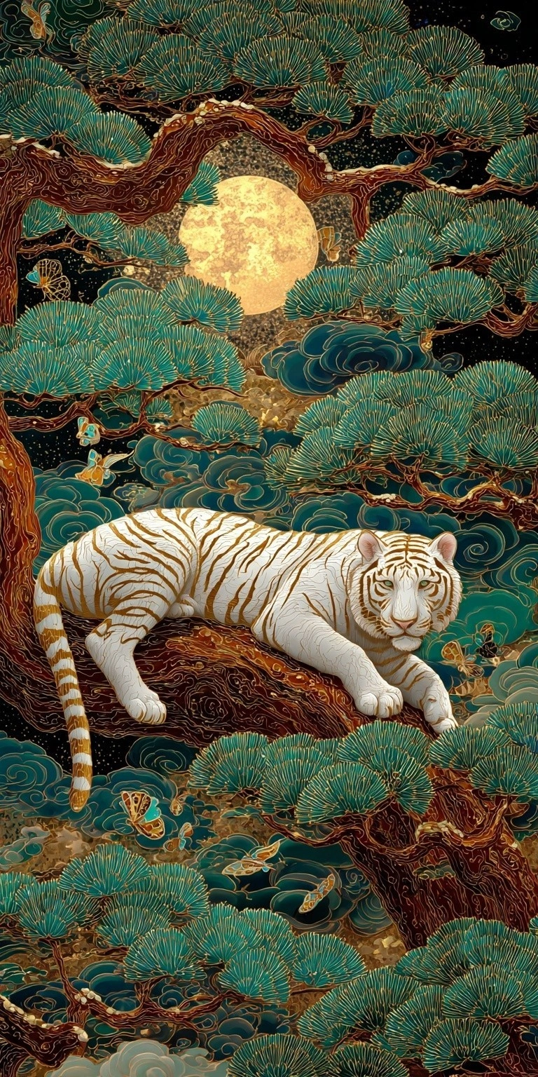 Белый тигр на фоне луны и сосен - 1