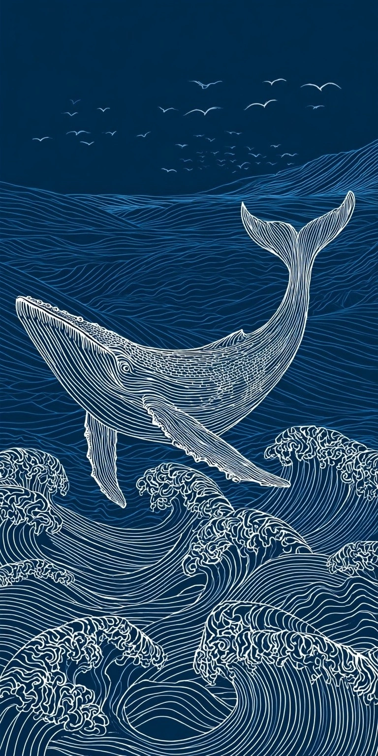 Величественный кит на фоне морских волн - 1