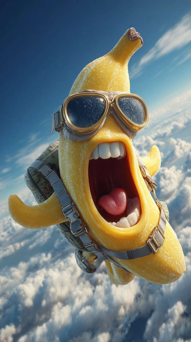 Смелый банан-парашютист в облаках - 1